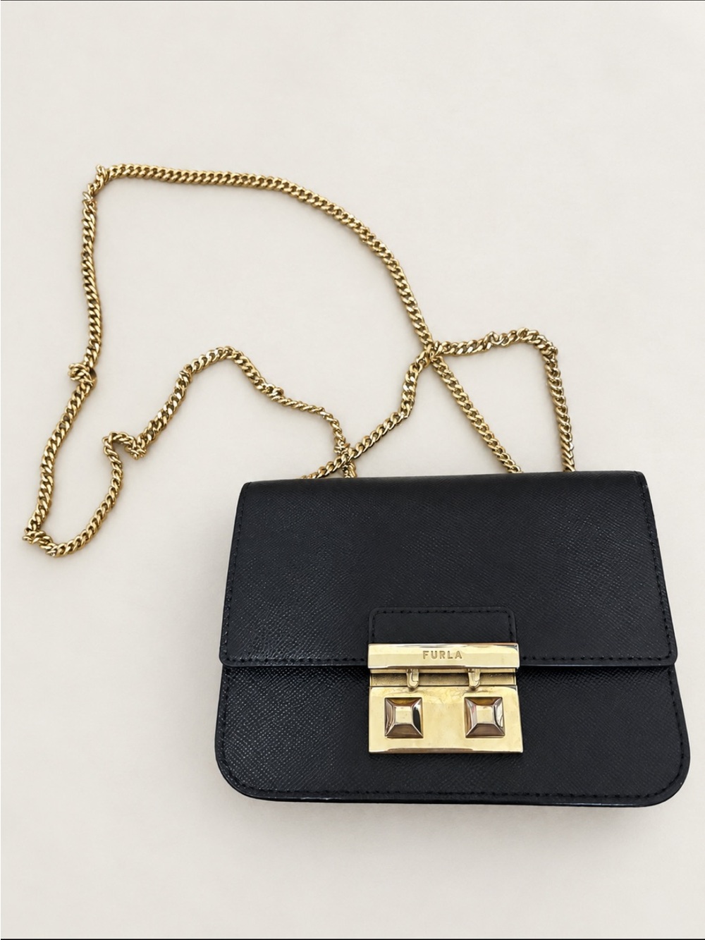 Furla Metropolis Black Leather Gold Chain Crossbody Bag